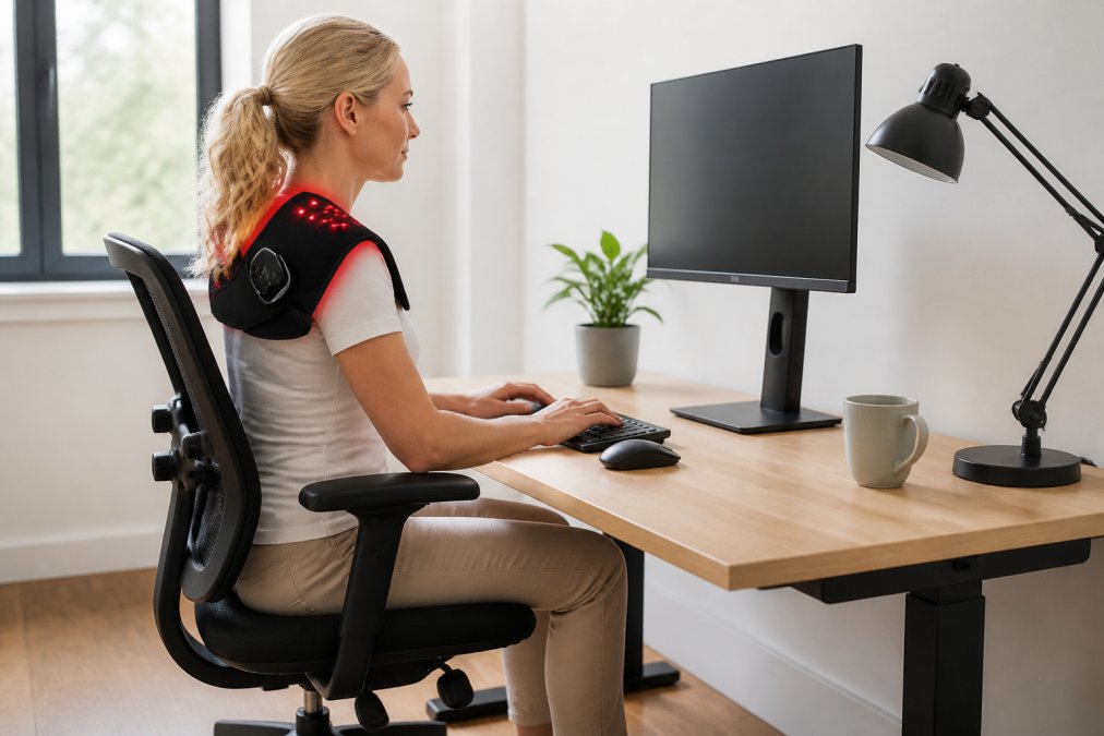 Professional sitting at desk with monitor at eye level, feet flat on floor, chair with proper lumbar support, neutral spine alignment during focused work in bright office setting