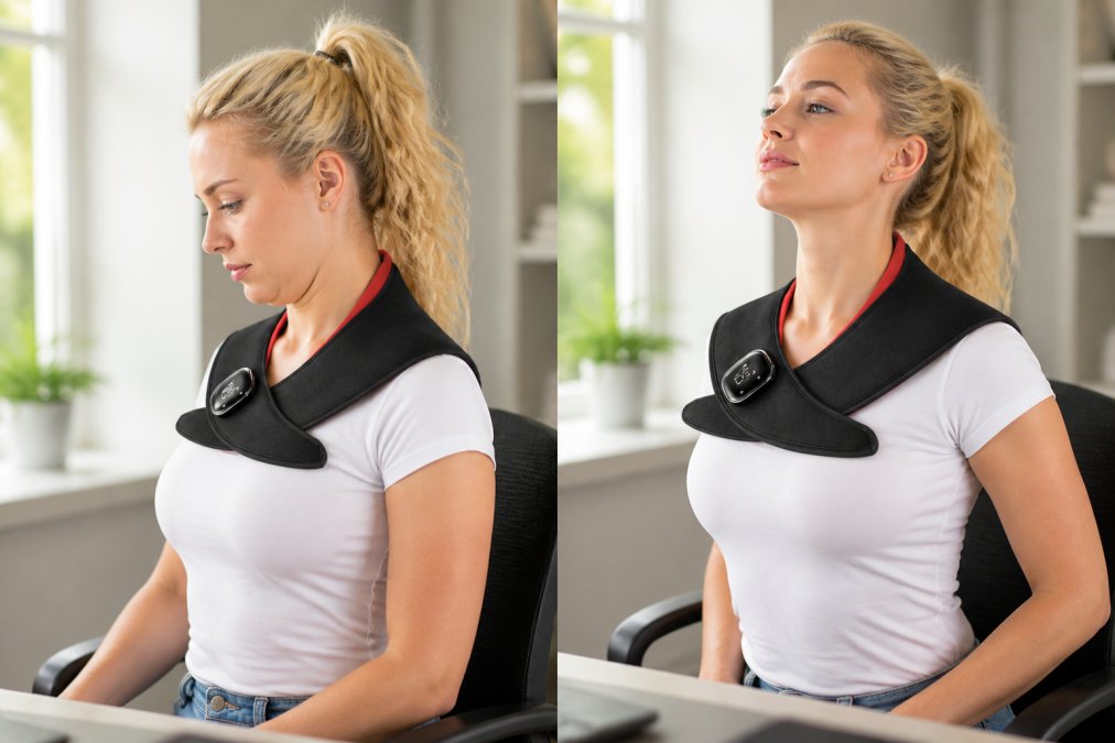 Person demonstrating chin tuck exercise with proper form, shoulders relaxed, followed by shoulder roll movement showing full range of motion in bright, open space