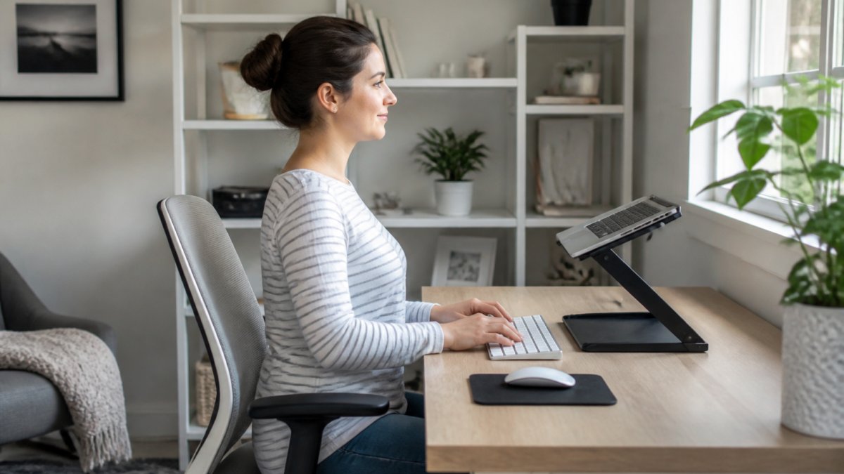 A person sitting at a desk with a laptop raised on a stand, shoulders relaxed, demonstrating neutral neck posture in a bright home office