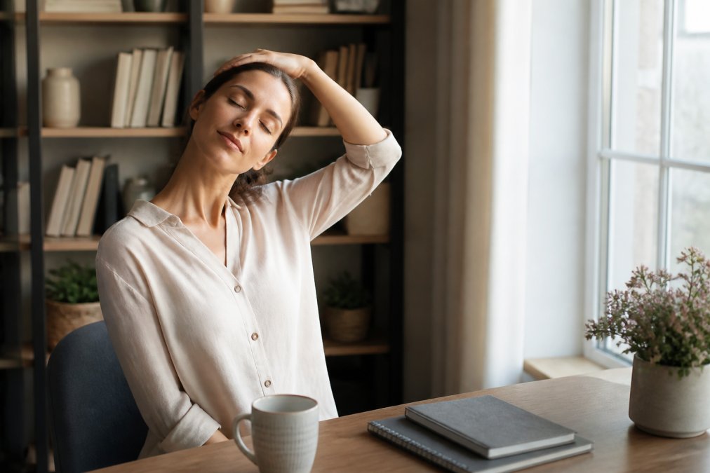 Woman seated at desk performing a gentle lateral neck stretch, tilting head toward shoulder with relaxed posture, natural office lighting from window