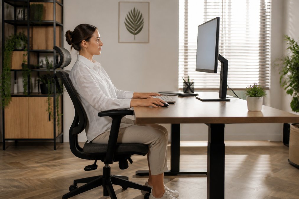 Office professional sitting at ergonomic desk with monitor at eye level, back against chair, feet flat on floor, shoulders relaxed and neutral posture