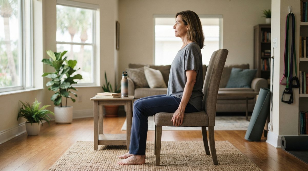 Person performing gentle seated stretching exercise on yoga mat at home with proper posture and natural lighting from window