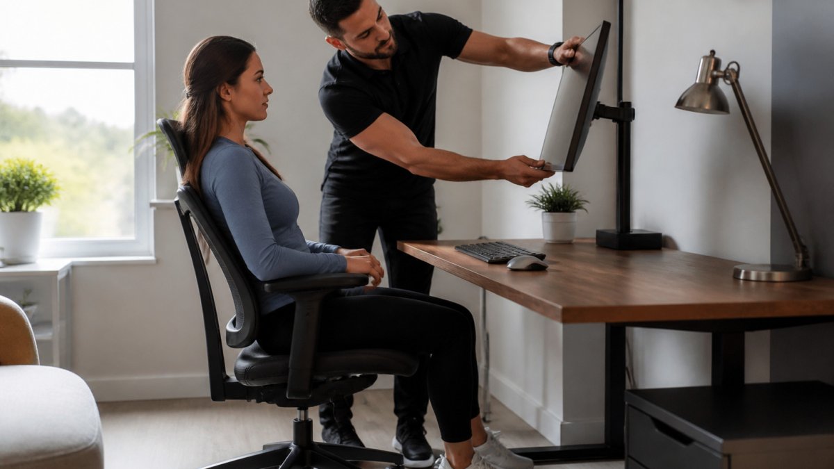 Professional adjusting monitor height and chair posture for physical therapy for desk pain prevention.