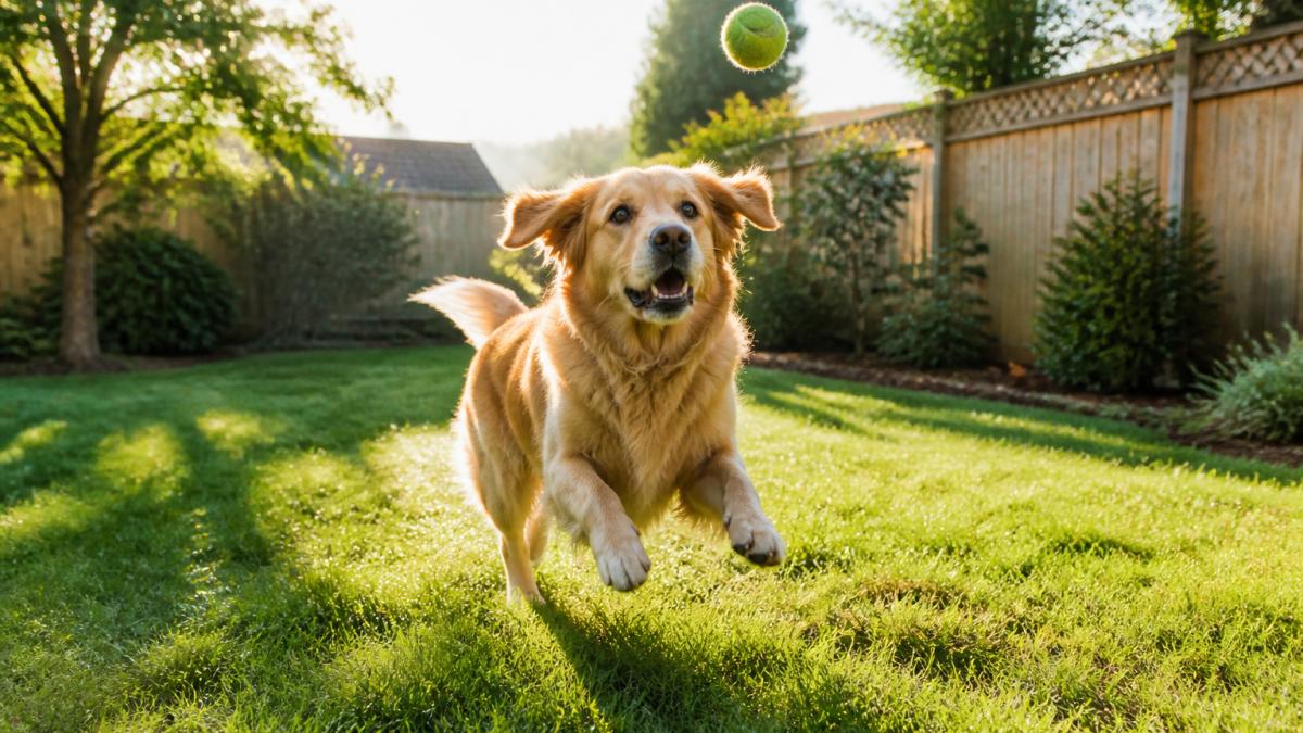 Golden Retriever playing fetch in a backyard with morning sunlight, showing energetic engagement and focused attention on the toy mid-air