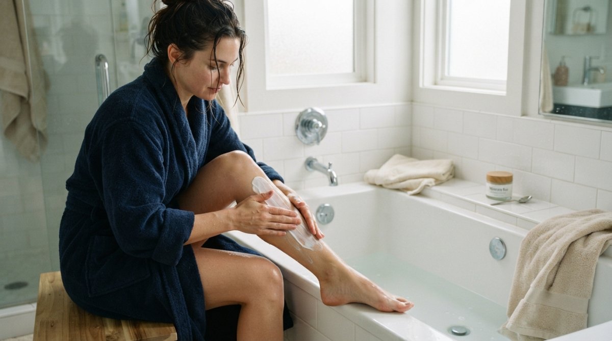 Person applying moisturizer to their lower legs after a shower to relieve dry itchy skin while sitting in a bathroom.