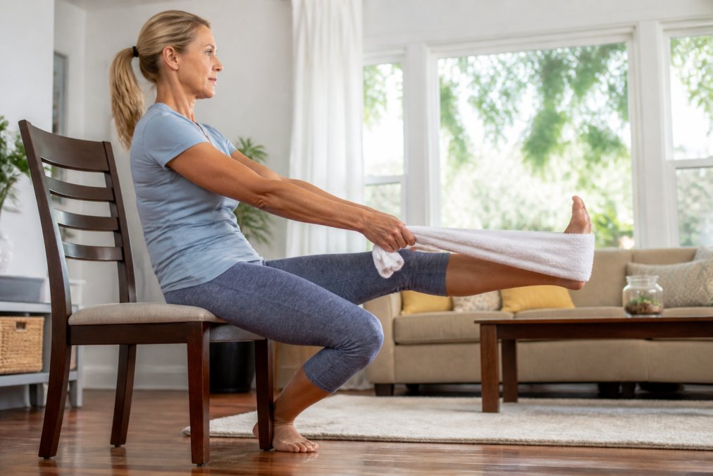 Person sitting on a chair using a towel to stretch their calf and arch for foot pain relief