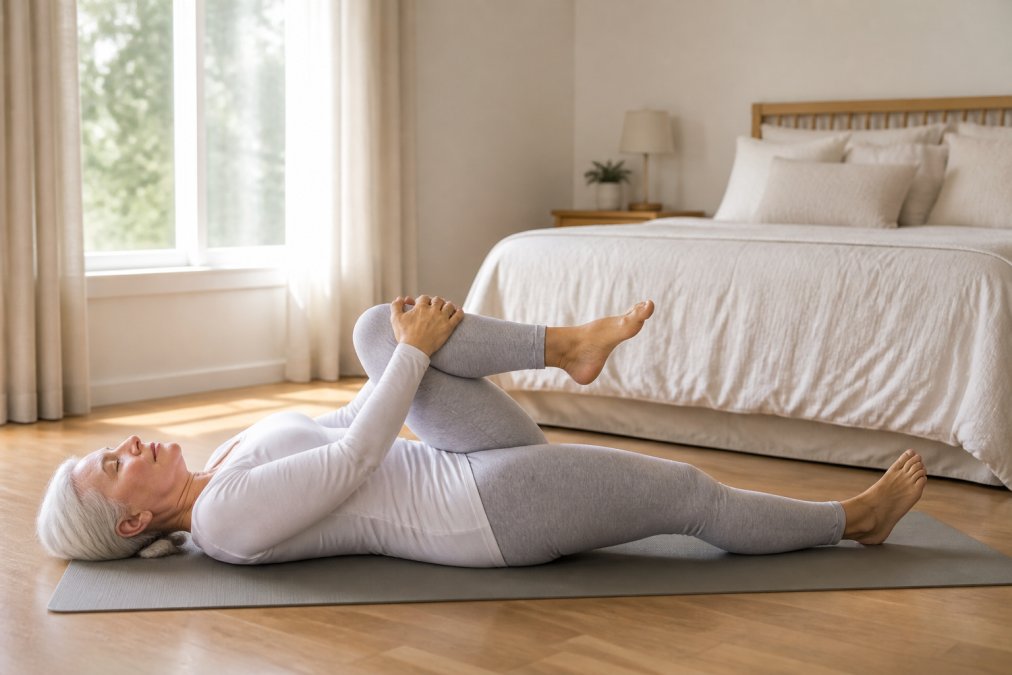 A person performing a gentle knee-to-chest stretch on a mat to relieve morning back stiffness in a sunlit bedroom.