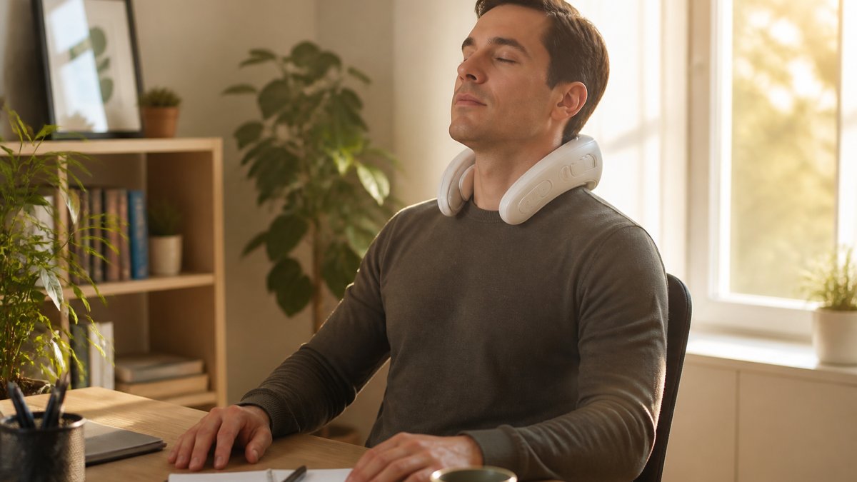 A person working at a laptop in a home office, pausing to wear a cordless neck therapy device with both hands resting on the desk, warm afternoon light through a window