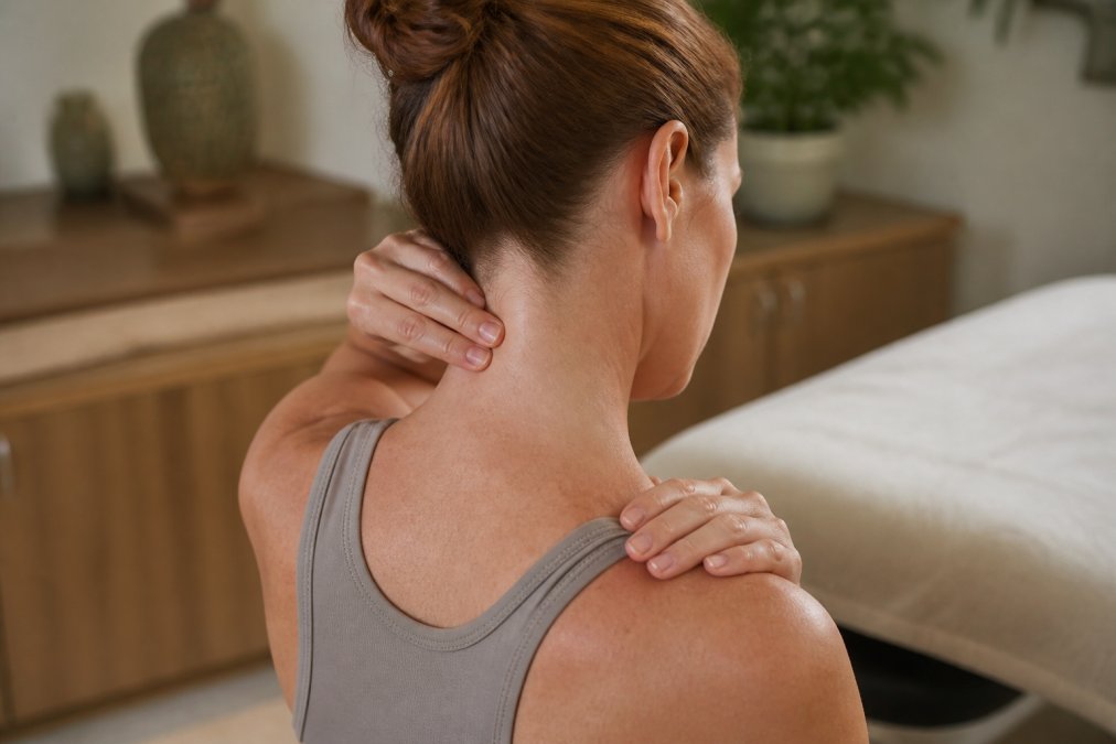 Hands demonstrating gentle acupressure technique on person's neck and shoulder area in calm clinical setting with soft natural lighting