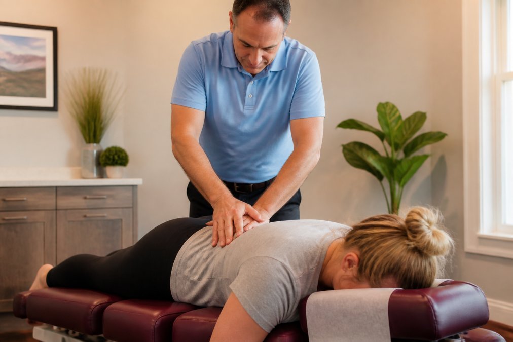 Chiropractor performing gentle spinal adjustment technique on patient lying face-down on treatment table in modern wellness clinic with warm lighting