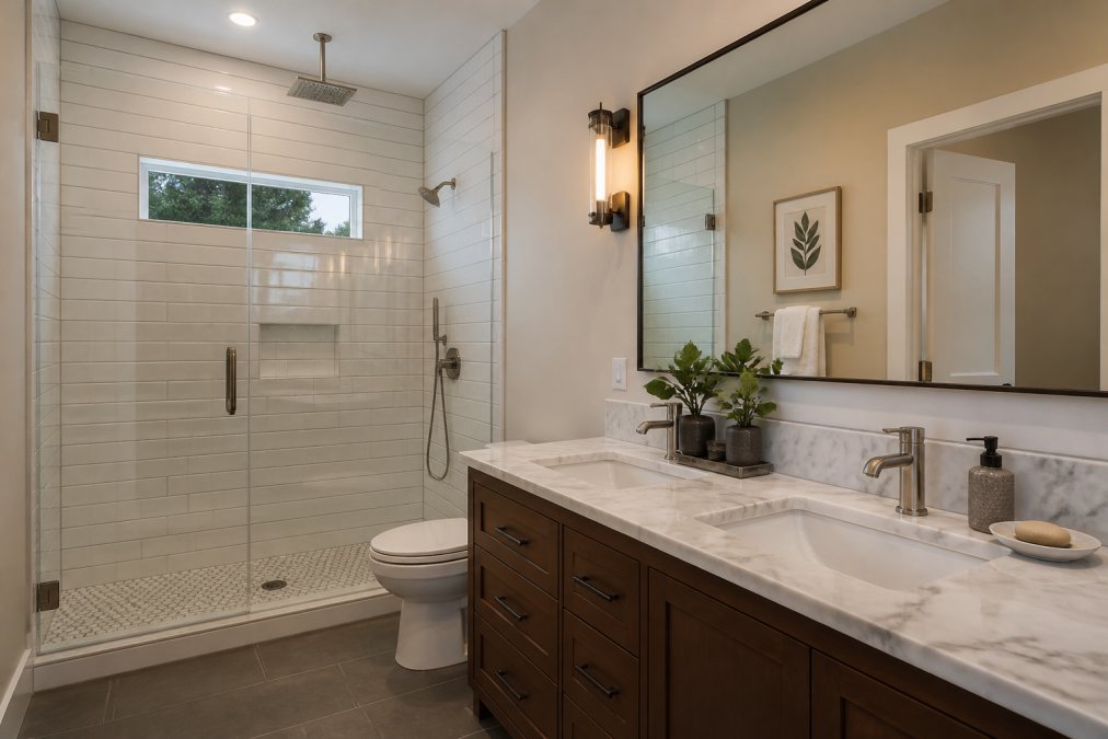 Modern bathroom remodel with a walk-in subway tile shower and marble vanity