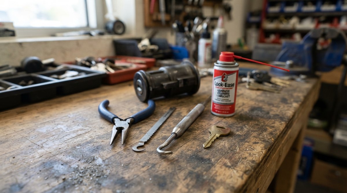 Close-up of extraction tools laid out on a workbench: needle-nose pliers, thin jigsaw blade, graphite spray lubricant bottle, and metal key extraction tool, with a broken key fragment positioned nearby on the surface