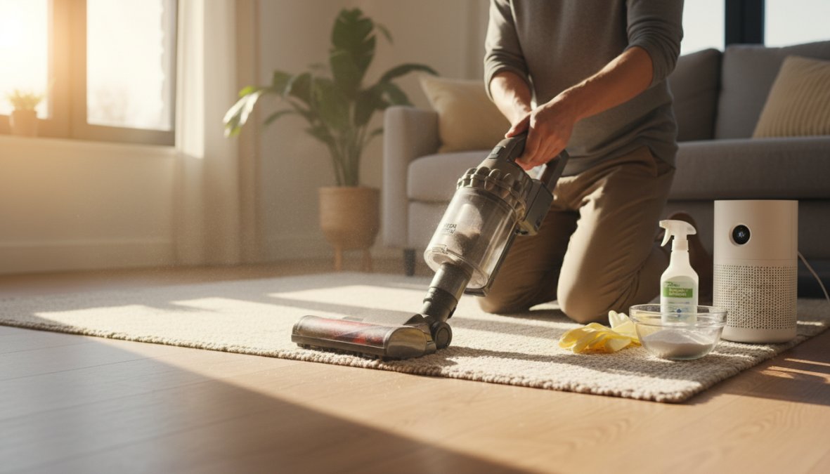 Person using a HEPA filter vacuum cleaner on a light-colored low-pile carpet in a bright, clean living room, with sunlight streaming through a window and a golden retriever visible in the background