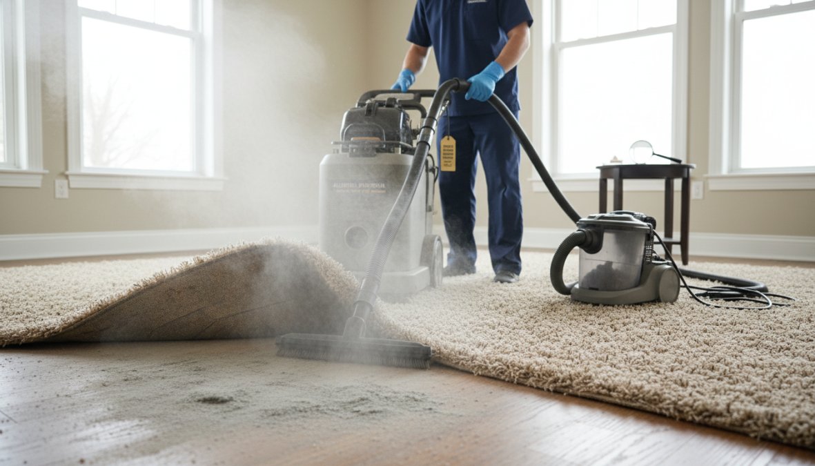 Professional carpet cleaning technician in a branded uniform operating a truck-mounted hot water extraction hose on a residential carpet in a well-lit Lake Geneva home, with the cleaning wand visible and steam rising from the carpet surface
