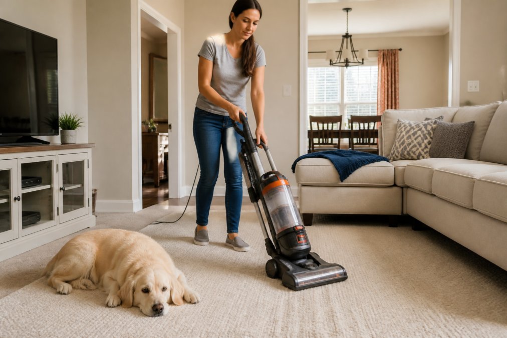 A person using a HEPA vacuum cleaner on a light-colored carpet in a bright living room, with a pet dog resting nearby on a clean area rug