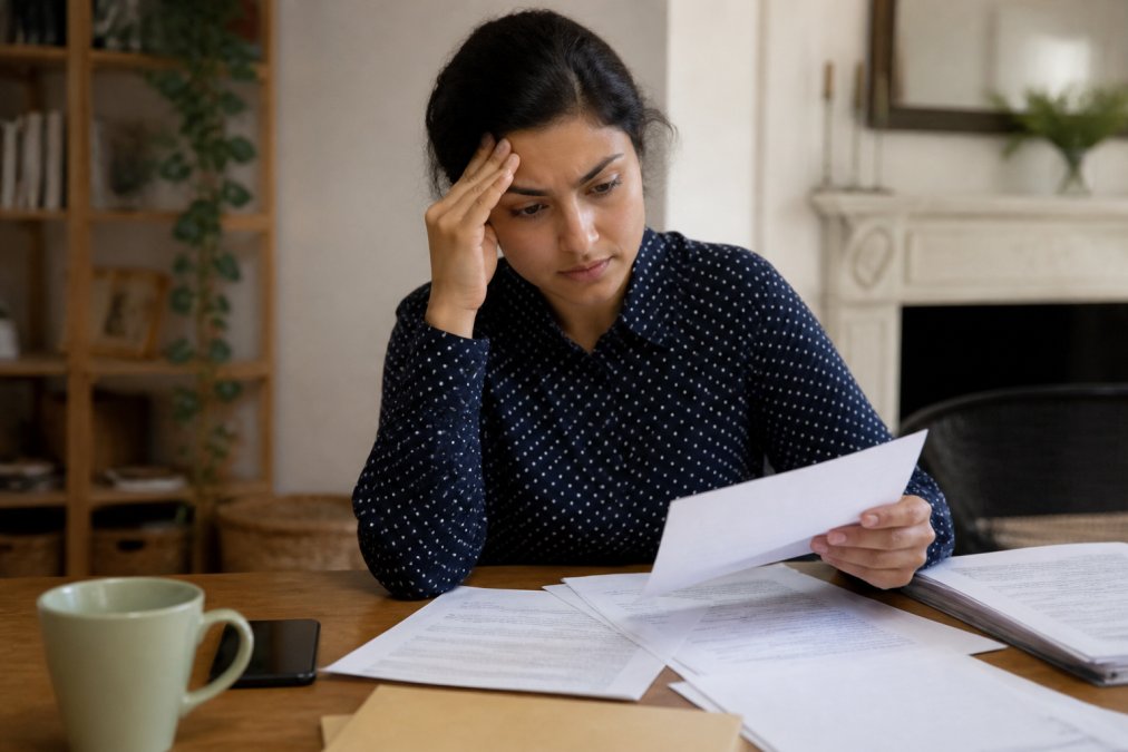 A person reviewing property title documents at a wooden desk with a pen and a cup of tea, looking focused and slightly stressed, in a typical UK home office setting