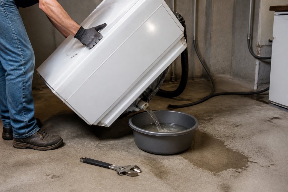 A person wearing work gloves tilting a washing machine forward to drain water into a shallow bucket, with a wrench nearby on a concrete basement floor