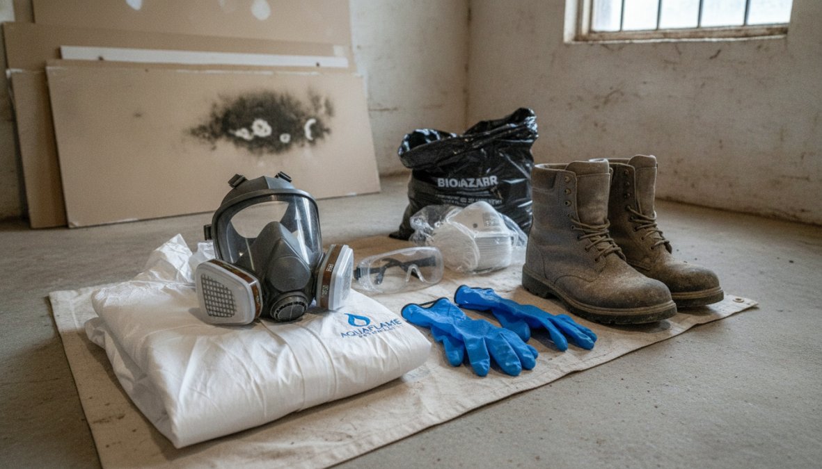 Close-up of protective equipment laid out on clean white surface: N95 respirator, nitrile gloves, safety goggles, and protective suit with hood
