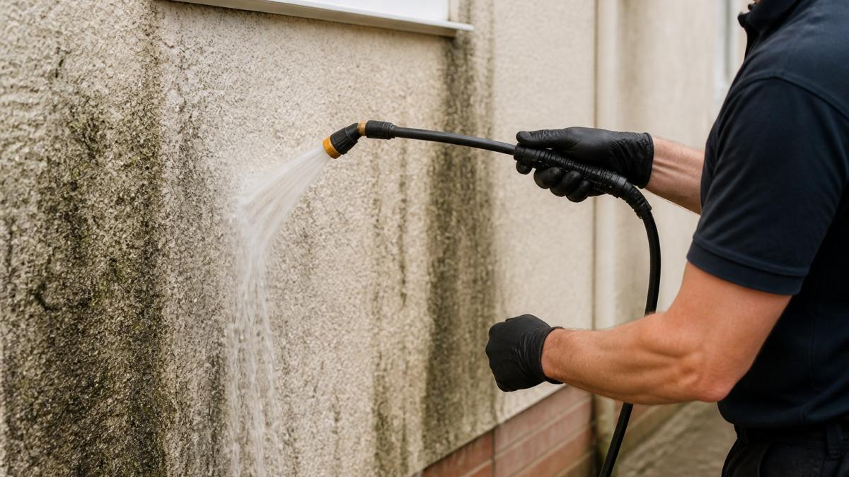 Professional demonstrating controlled soft washing technique on rendered wall surface with low-pressure nozzle, water gently cascading down mouldy render in afternoon sunlight