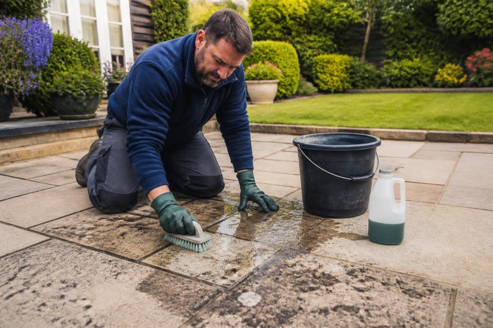 Close-up of gloved hands using a stiff brush on a stone patio with visible dark spots, bucket of water and cleaning solution nearby, outdoor garden setting on a dry day