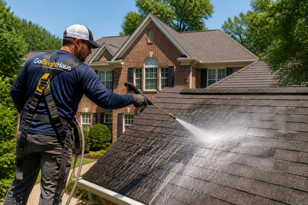 A professional soft wash technician in safety gear spraying a low-pressure cleaning solution onto a residential asphalt shingle roof, with a Charlotte-style brick home in the background on a sunny day