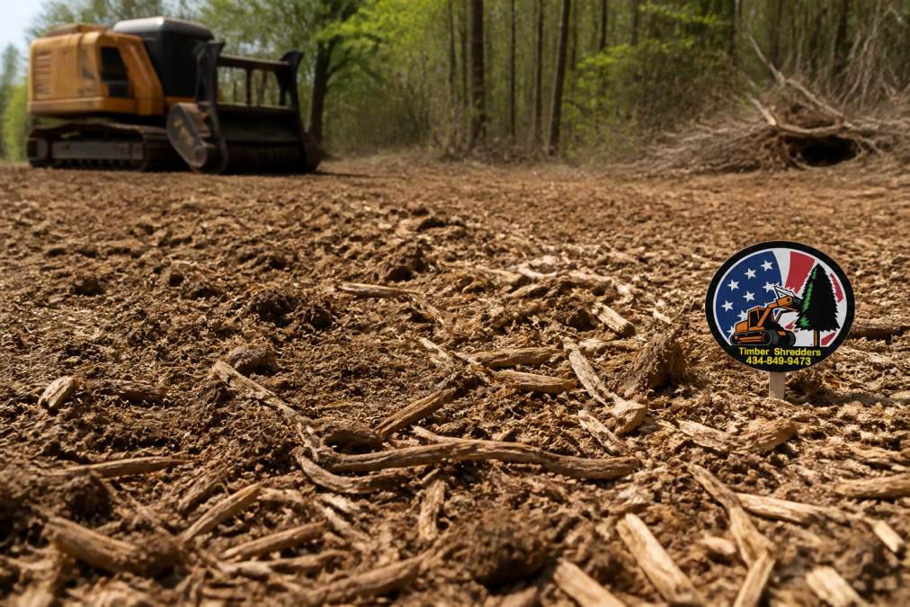 Close-up of freshly mulched ground showing fine wood chips and organic material spread across cleared land with improved soil texture and natural decomposition beginning