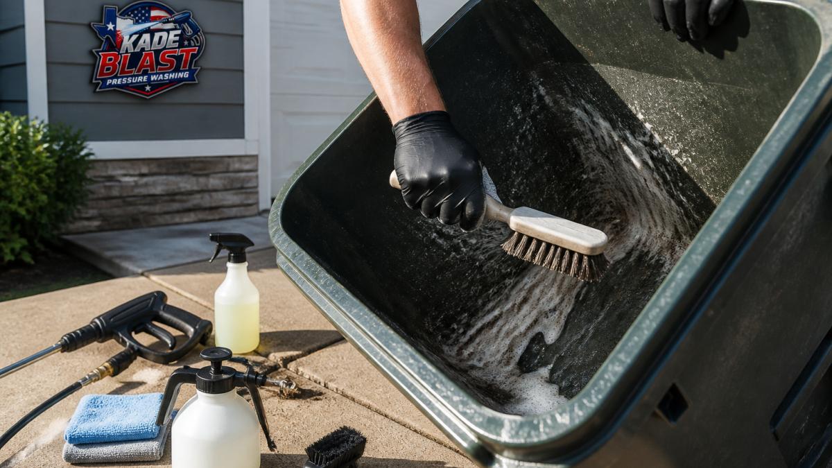 Gloved hands scrubbing caked-on grime from a plastic trash can wall with a stiff brush and soapy water