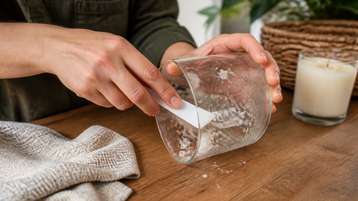 Hands using a plastic spatula to remove candle wax from a glass surface
