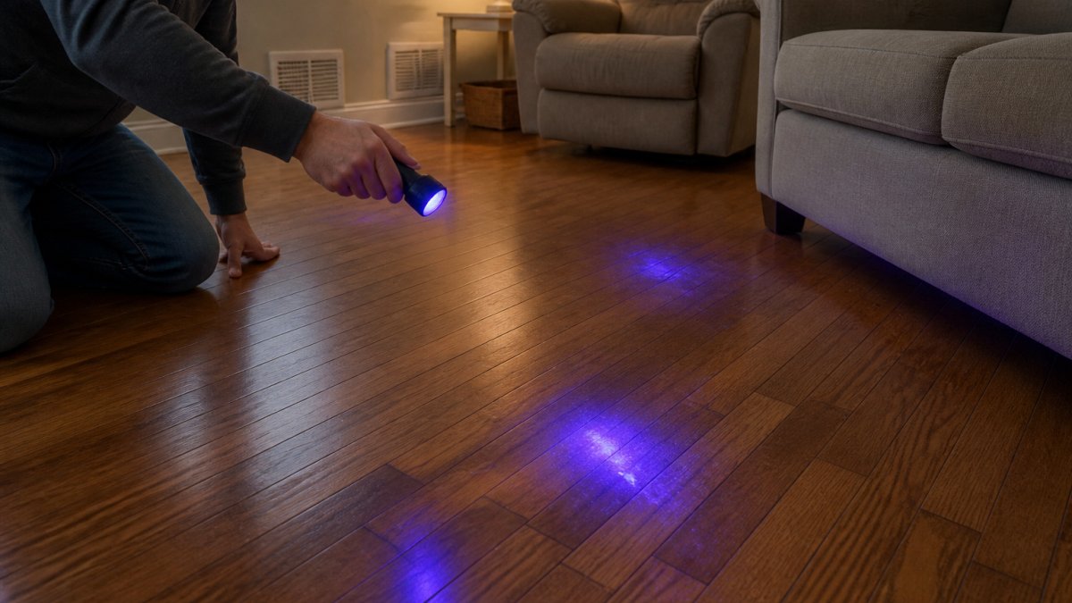 Person using a blacklight flashlight to reveal glowing cat urine stains on hardwood flooring in a residential living room with warm evening lighting
