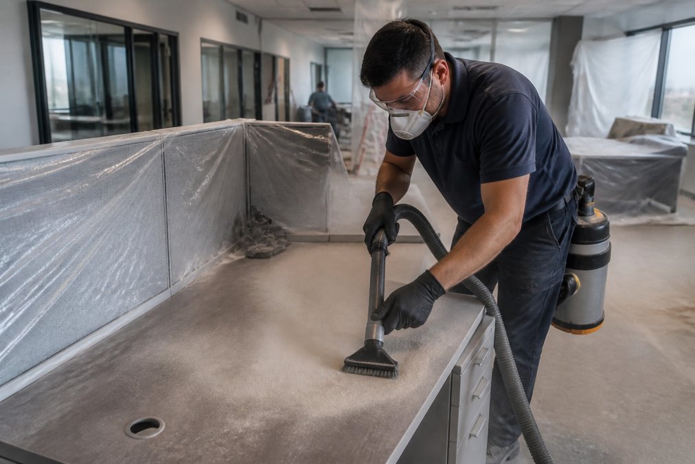 Professional cleaner using a HEPA vacuum to remove construction dust from an office desk surface