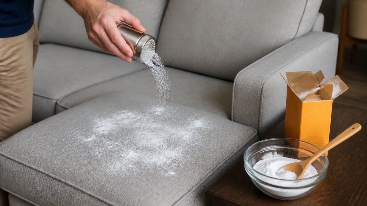Close-up of baking soda being sprinkled on a light gray sectional sofa cushion, with a wooden spoon and open box of baking soda visible on a side table