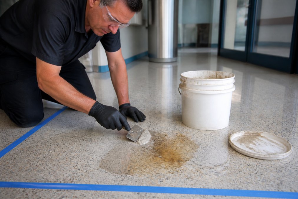 Professional technician applying poultice paste to a stained terrazzo floor section using a putty knife, wearing protective gloves and safety glasses in a well-lit facility