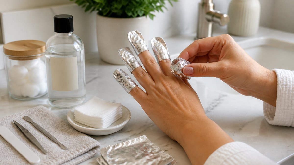 Close-up of a person's hands wrapping cotton balls soaked in acetone around their nails with small squares of aluminum foil, bright clean bathroom counter, soft daylight