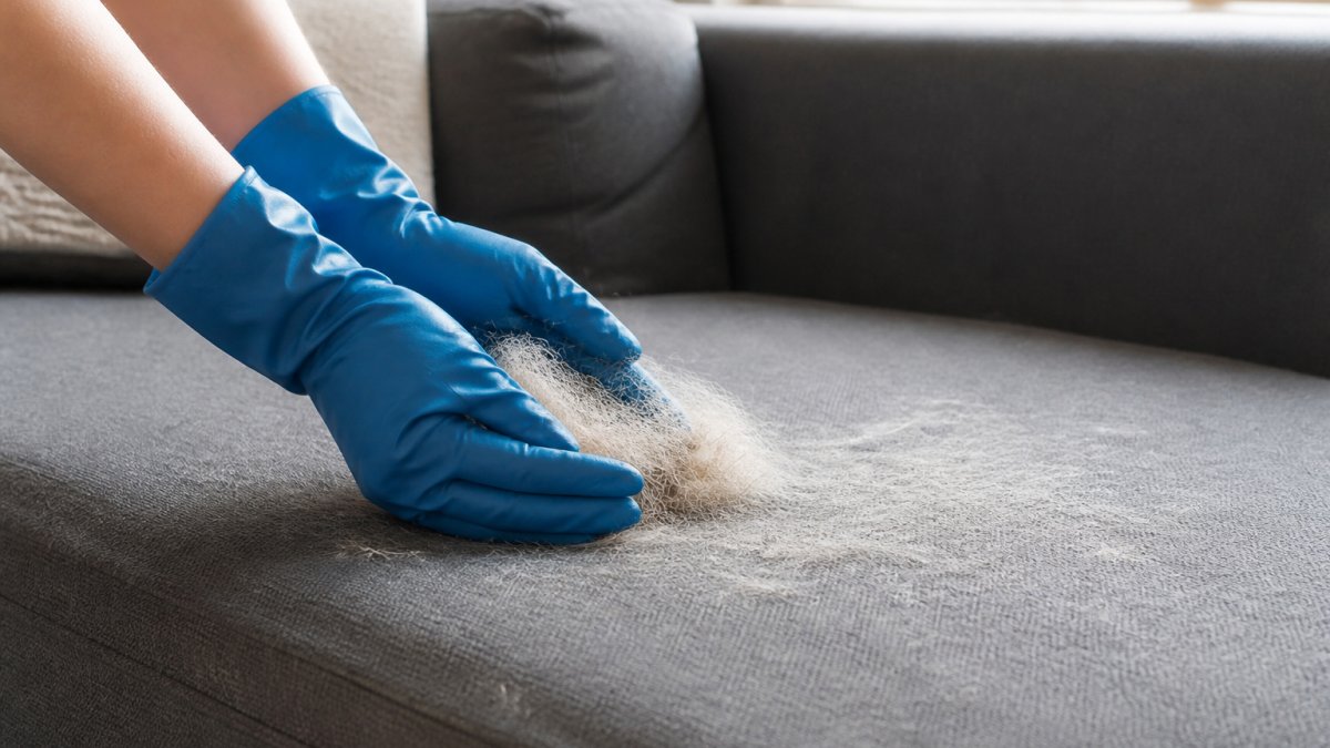 Close-up of hands wearing a rubber glove, actively gathering loose dog hair from fabric couch into a small pile, with natural window lighting showing the hair texture