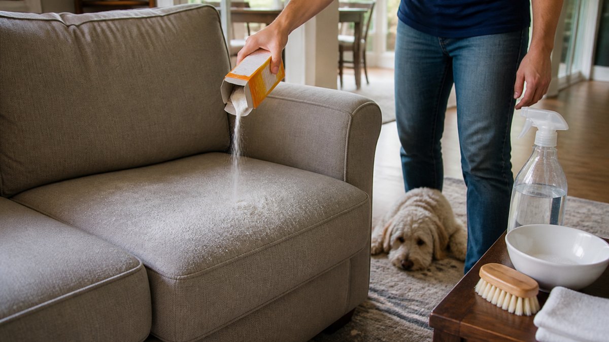A person sprinkling baking soda from a box onto a fabric couch cushion in a bright living room, with a dog resting on the floor nearby and cleaning supplies visible on a side table