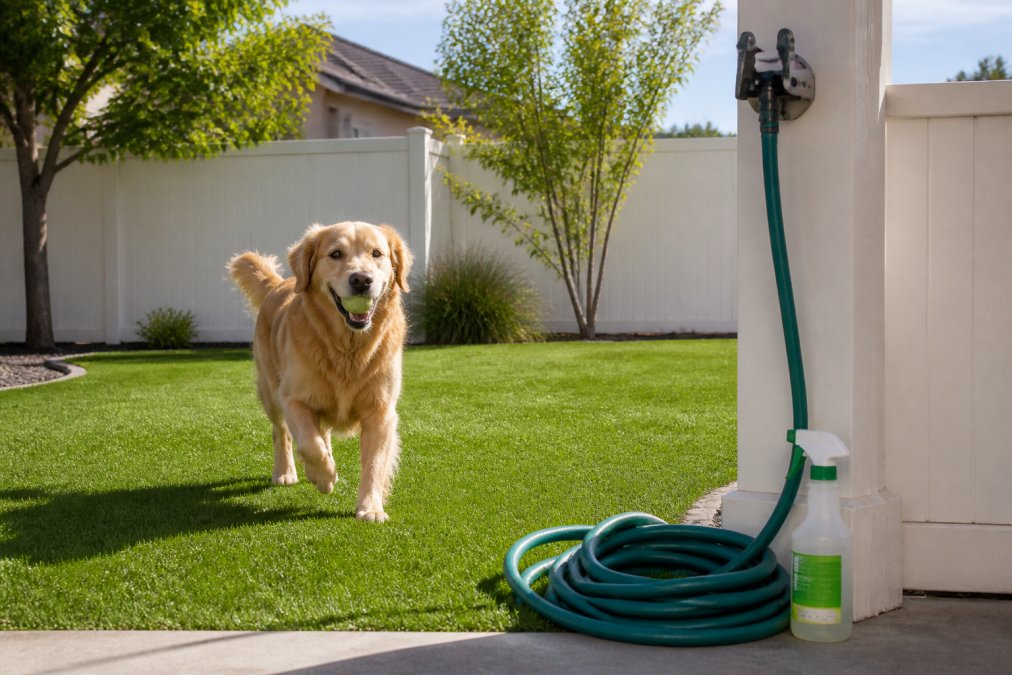 Professional illustration showing how to remove dog urine smell from artificial turf
