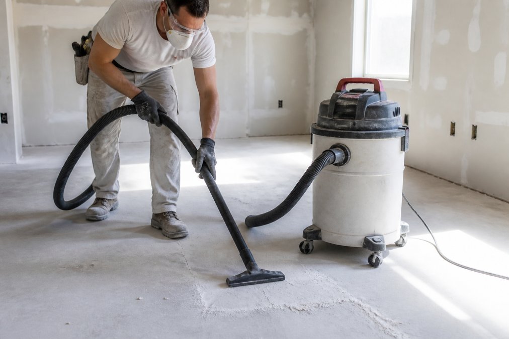 Worker in respirator using a HEPA shop vac to remove drywall dust after renovation from a finished room.