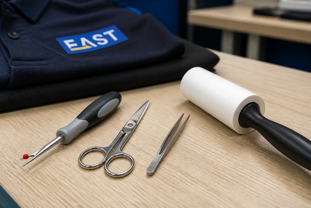 Close-up of essential embroidery removal tools arranged on a work surface: seam ripper with curved blade, small sharp scissors, precision tweezers, and lint roller displayed against neutral background with natural lighting