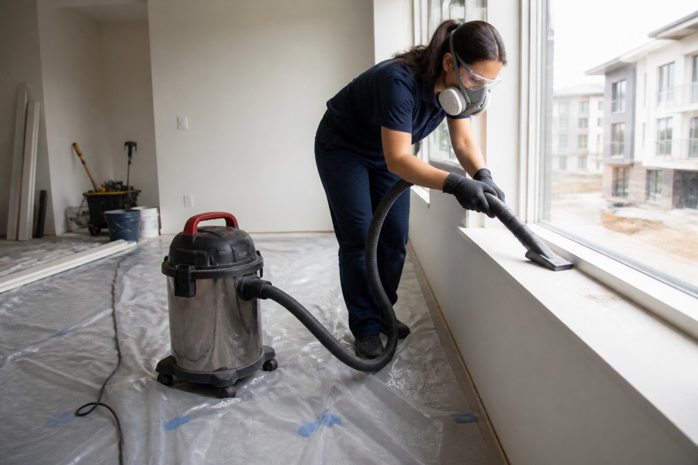 Professional cleaner using a HEPA vacuum to remove fine construction dust from a windowsill in a renovated room