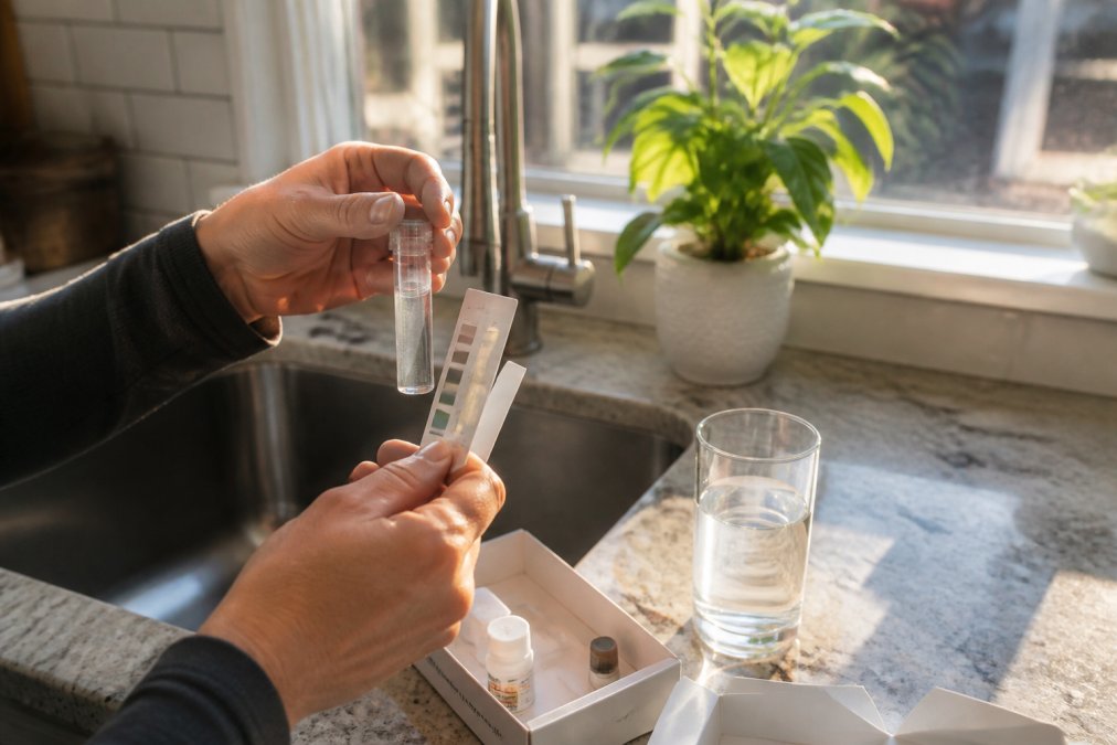 Hands holding a water testing kit over a glass of tap water in a kitchen sink with natural morning light streaming through the window