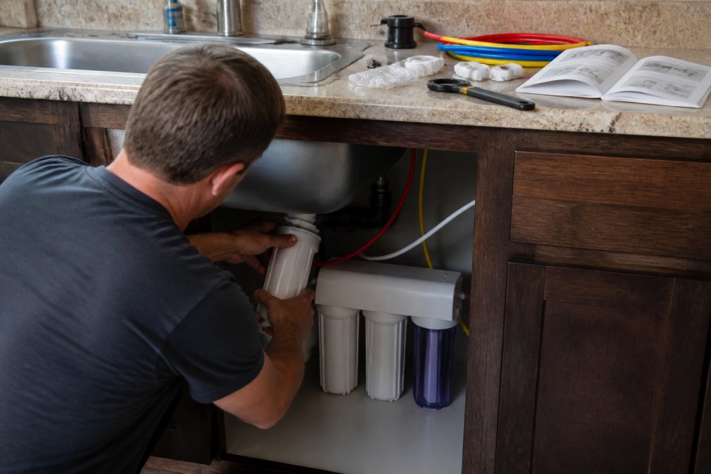 Homeowner installing an under-sink water filter system in a kitchen cabinet with tools and instruction manual visible on the counter