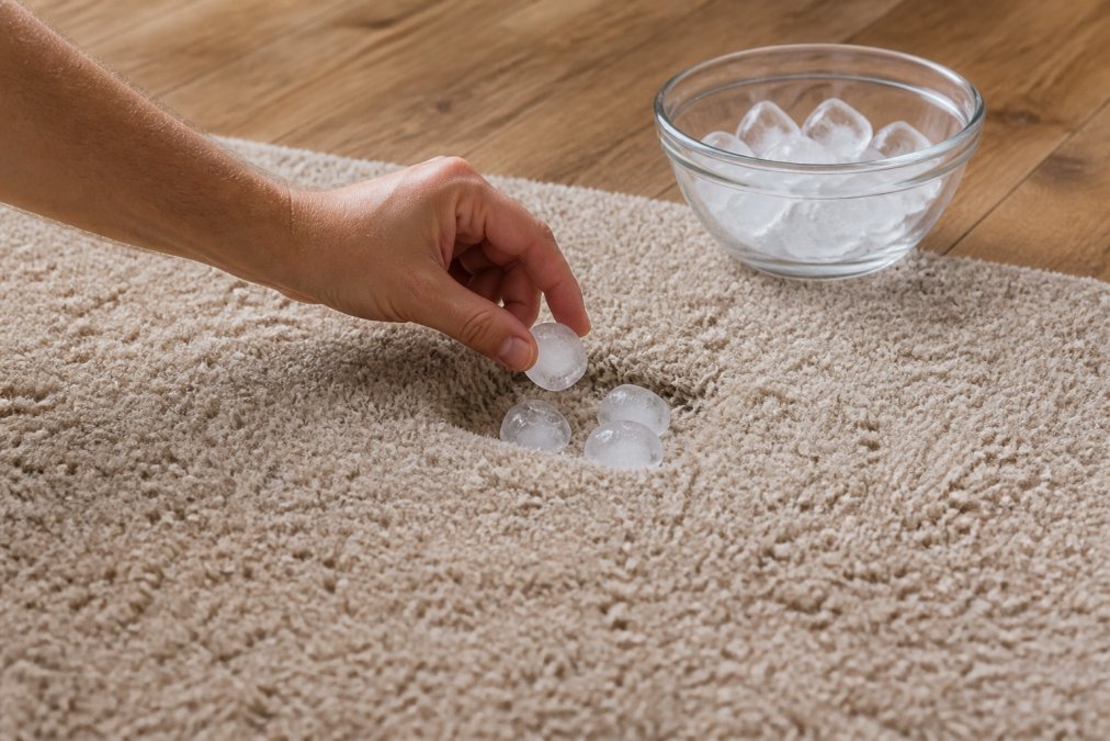 Hand placing ice cubes into a carpet indentation to learn how to remove furniture indentations from carpet.