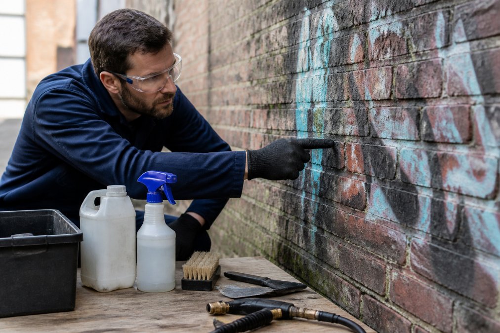 Professional worker wearing safety goggles and heavy-duty gloves carefully examining graffiti on an old brick wall, pointing to the paint surface in natural daylight
