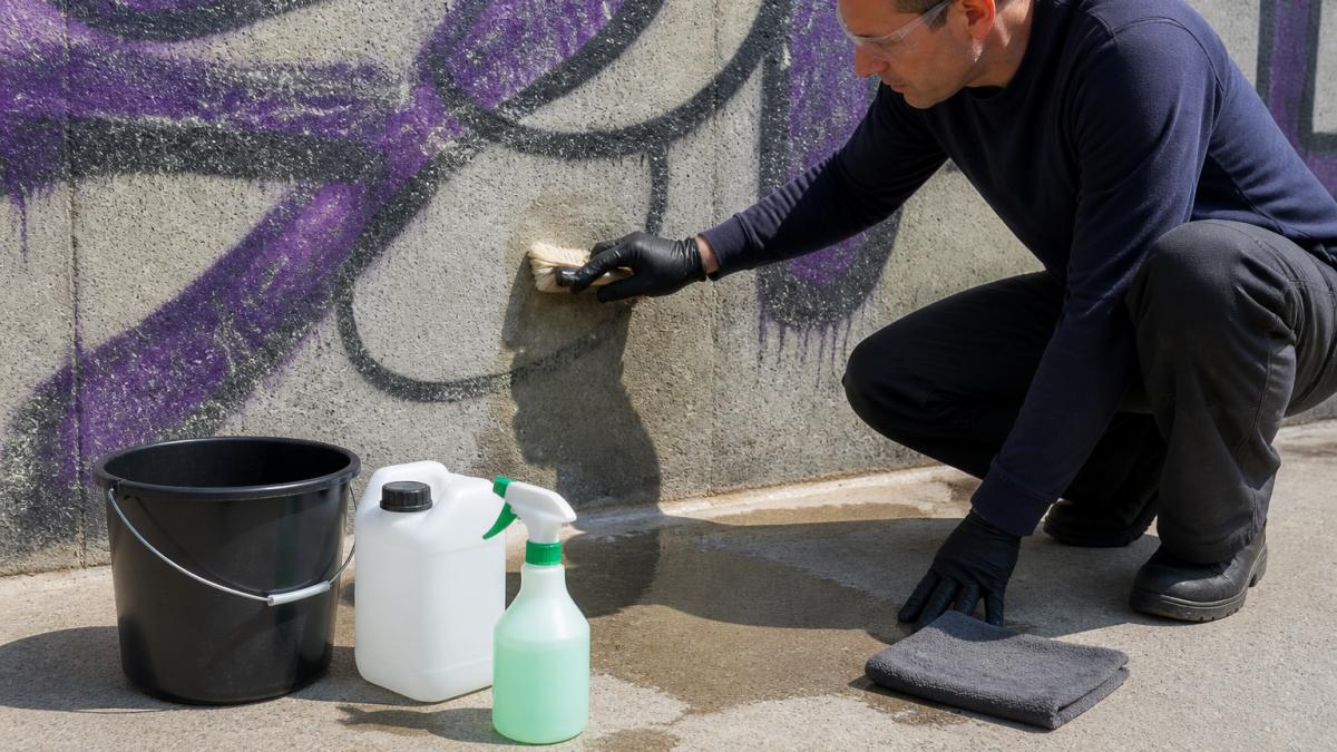 Professional wearing safety gear scrubbing graffiti off a concrete wall with a brush