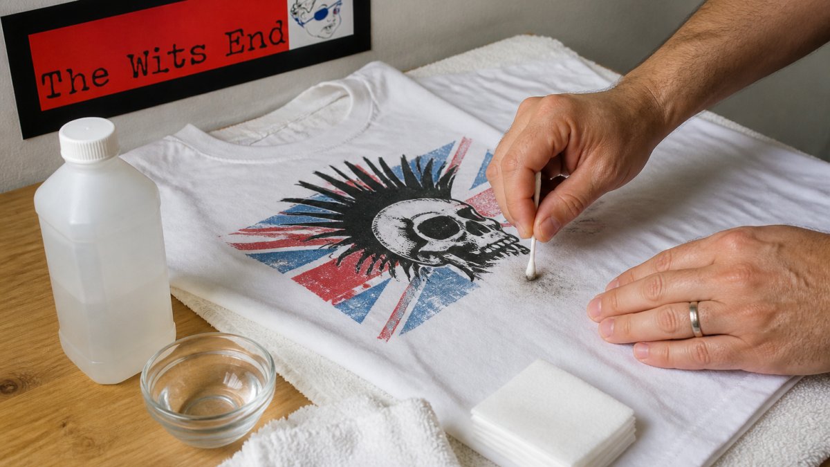 Close-up of hands dabbing a cotton swab dipped in rubbing alcohol onto an ink stain on a printed t-shirt laid flat on a clean towel, with a bottle of rubbing alcohol and clean cloths nearby