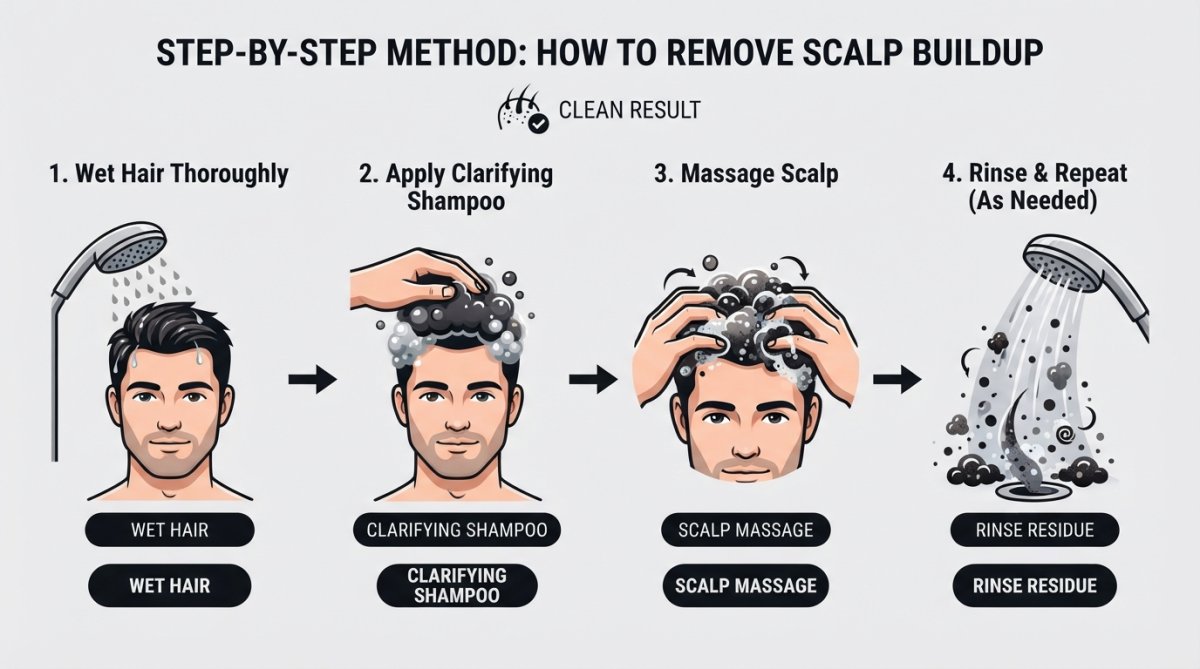 Diagram illustrating the process of massaging clarifying shampoo into a scalp to lift product residue