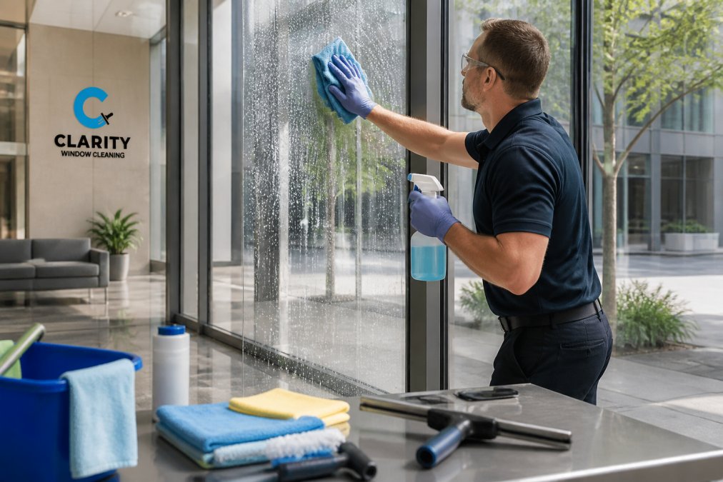 A facilities manager wearing gloves and safety glasses applying a diluted cleaning solution to a large commercial glass window with visible white mineral deposits, using a microfiber cloth and spray bottle in a bright office building lobby