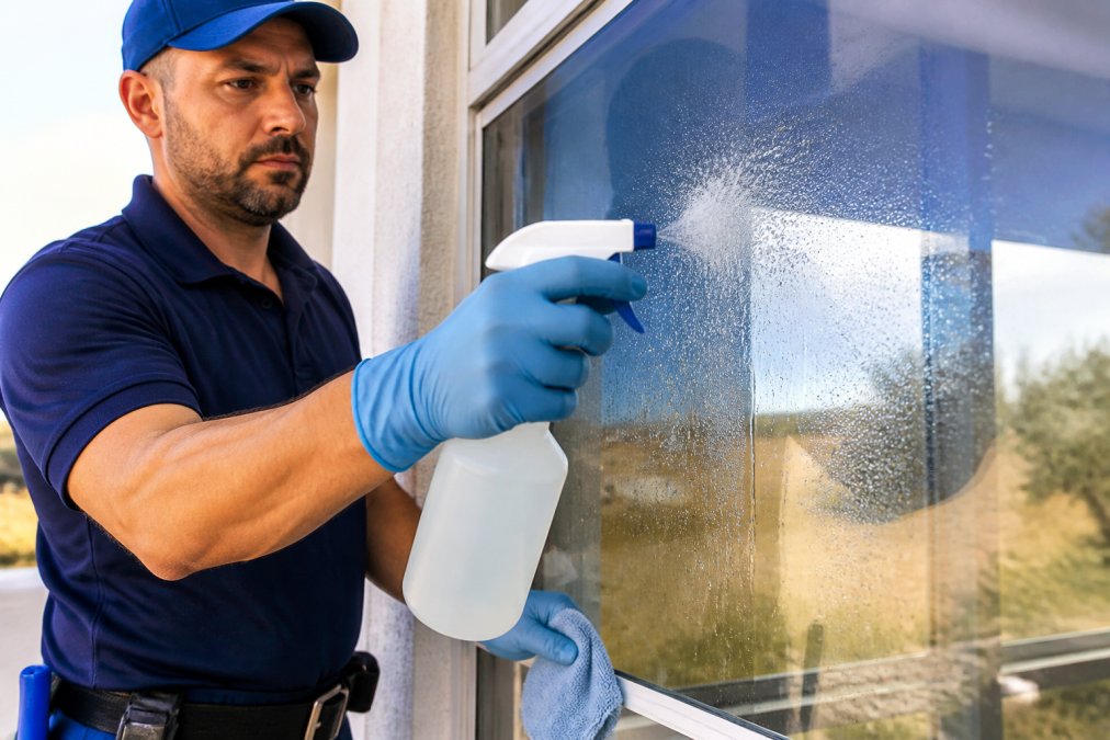 Professional window cleaner applying white vinegar solution to glass with spray bottle, showing liquid beading on mineral-stained surface before wiping with microfiber cloth