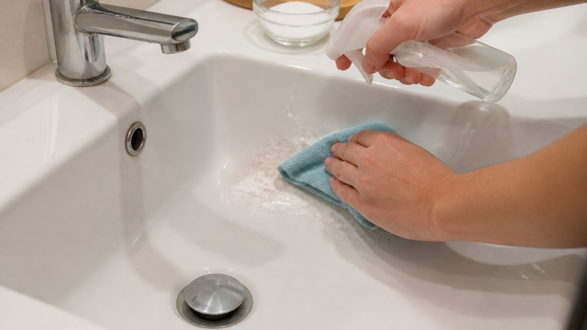 Close-up of hands applying white vinegar solution to a white crusty hard water stain on a bathroom sink basin, with a soft cloth and spray bottle visible