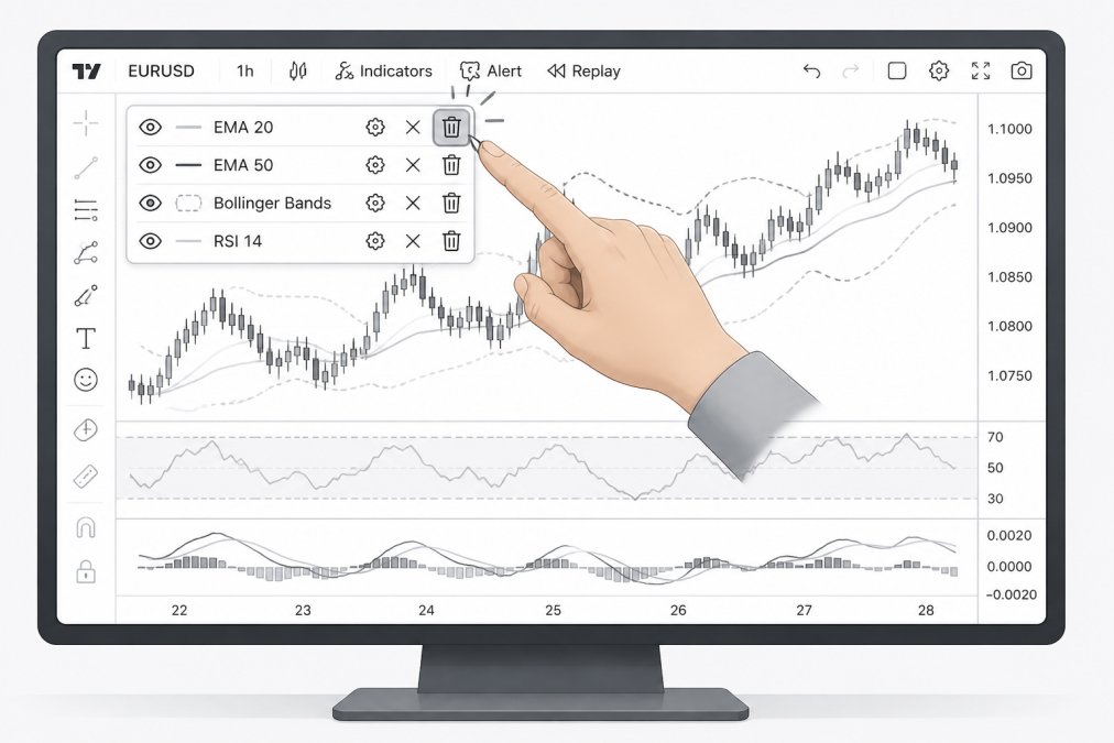 Desktop monitor displaying TradingView chart with multiple technical indicators overlaid on candlestick data, trader's hand pointing to the trash icon button in the chart legend